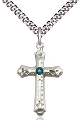 [6007SS-STN5/24S] Sterling Silver Cross Pendant with a 3mm Emerald Swarovski stone on a 24 inch Light Rhodium Heavy Curb chain