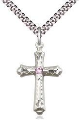 [6007SS-STN6/24S] Sterling Silver Cross Pendant with a 3mm Light Amethyst Swarovski stone on a 24 inch Light Rhodium Heavy Curb chain