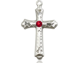 [6007SS-STN7] Sterling Silver Cross Medal with a 3mm Ruby Swarovski stone