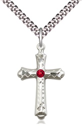 [6007SS-STN7/24S] Sterling Silver Cross Pendant with a 3mm Ruby Swarovski stone on a 24 inch Light Rhodium Heavy Curb chain