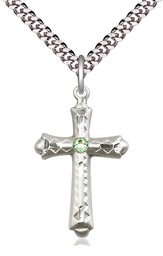 [6007SS-STN8/24S] Sterling Silver Cross Pendant with a 3mm Peridot Swarovski stone on a 24 inch Light Rhodium Heavy Curb chain