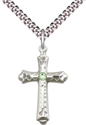 [6007SS-STN8/24S] Sterling Silver Cross Pendant with a 3mm Peridot Swarovski stone on a 24 inch Light Rhodium Heavy Curb chain