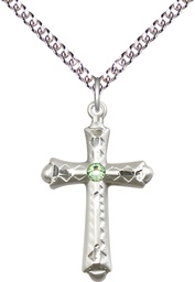 [6007SS-STN8/24SS] Sterling Silver Cross Pendant with a 3mm Peridot Swarovski stone on a 24 inch Sterling Silver Heavy Curb chain