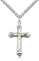 [6007SS-STN8/24SS] Sterling Silver Cross Pendant with a 3mm Peridot Swarovski stone on a 24 inch Sterling Silver Heavy Curb chain