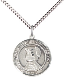 [8224RDSS/18S] Sterling Silver Saint Elizabeth Ann Seton Pendant on a 18 inch Light Rhodium Light Curb chain