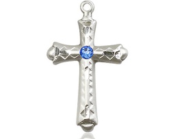 [6007SS-STN9] Sterling Silver Cross Medal with a 3mm Sapphire Swarovski stone