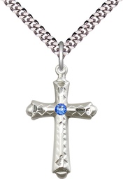 [6007SS-STN9/24S] Sterling Silver Cross Pendant with a 3mm Sapphire Swarovski stone on a 24 inch Light Rhodium Heavy Curb chain