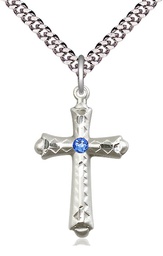 [6007SS-STN9/24S] Sterling Silver Cross Pendant with a 3mm Sapphire Swarovski stone on a 24 inch Light Rhodium Heavy Curb chain