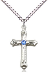 [6007SS-STN9/24SS] Sterling Silver Cross Pendant with a 3mm Sapphire Swarovski stone on a 24 inch Sterling Silver Heavy Curb chain