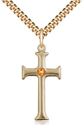 [6008GF-STN11/24G] 14kt Gold Filled Cross Pendant with a 3mm Topaz Swarovski stone on a 24 inch Gold Plate Heavy Curb chain