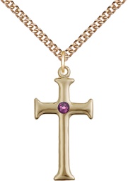 [6008GF-STN2/24GF] 14kt Gold Filled Cross Pendant with a 3mm Amethyst Swarovski stone on a 24 inch Gold Filled Heavy Curb chain