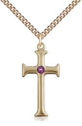 [6008GF-STN2/24GF] 14kt Gold Filled Cross Pendant with a 3mm Amethyst Swarovski stone on a 24 inch Gold Filled Heavy Curb chain