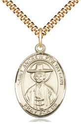 [7373GF/24G] 14kt Gold Filled Saint Andrew Kim Taegon Pendant on a 24 inch Gold Plate Heavy Curb chain