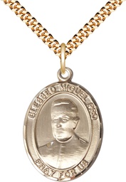 [7389GF/24G] 14kt Gold Filled Blessed Miguel Pro Pendant on a 24 inch Gold Plate Heavy Curb chain