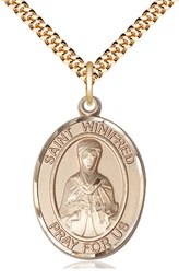 [7419GF/24G] 14kt Gold Filled Saint Winifred of Wales Pendant on a 24 inch Gold Plate Heavy Curb chain