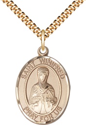 [7419GF/24G] 14kt Gold Filled Saint Winifred of Wales Pendant on a 24 inch Gold Plate Heavy Curb chain