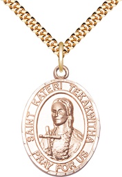 [7438GF/24G] 14kt Gold Filled Saint Kateri Tekakwitha Pendant on a 24 inch Gold Plate Heavy Curb chain