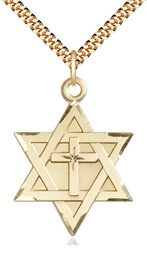 [1212YGF/24G] 14kt Gold Filled Star of David w/ Cross Pendant on a 24 inch Gold Plate Heavy Curb chain