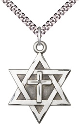 [1212YSS/24S] Sterling Silver Star of David w/ Cross Pendant on a 24 inch Light Rhodium Heavy Curb chain