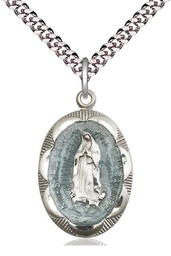 [0801EFSS/24S] Sterling Silver Our Lady of Guadalupe Pendant on a 24 inch Light Rhodium Heavy Curb chain