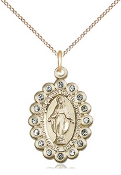 [2009AGF/18GF] 14kt Gold Filled Miraculous Pendant with Aqua Swarovski stones on a 18 inch Gold Filled Light Curb chain