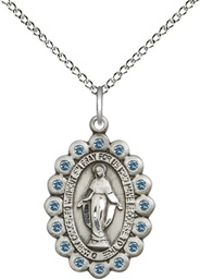 [2009ASS/18SS] Sterling Silver Miraculous Pendant with Aqua Swarovski stones on a 18 inch Sterling Silver Light Curb chain