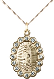 [2009FAGF/18GF] 14kt Gold Filled Our Lady of Guadalupe Pendant with Aqua Swarovski stones on a 18 inch Gold Filled Light Curb chain