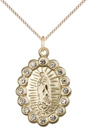[2009FCGF/18GF] 14kt Gold Filled Our Lady of Guadalupe Pendant with Crystal Swarovski stones on a 18 inch Gold Filled Light Curb chain