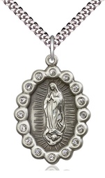 [2010FCSS/24S] Sterling Silver Our Lady of Guadalupe Pendant on a 24 inch Light Rhodium Heavy Curb chain