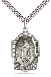 [2080SS/24S] Sterling Silver Our Lady of Guadalupe Pendant on a 24 inch Light Rhodium Heavy Curb chain