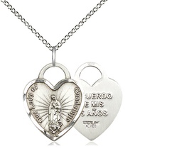 [3209SS/18SS] Sterling Silver Our Lady of Guadalupe Heart Recuerdo Pendant on a 18 inch Sterling Silver Light Curb chain