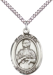 [7061SS/24SS] Sterling Silver Saint Kateri Tekakwitha Pendant on a 24 inch Sterling Silver Heavy Curb chain