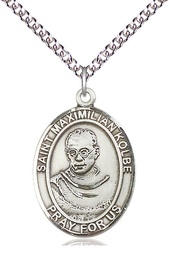[7073SS/24SS] Sterling Silver Saint Maximilian Kolbe Pendant on a 24 inch Sterling Silver Heavy Curb chain