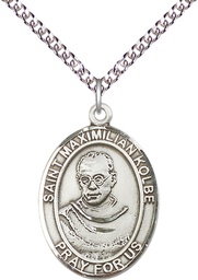 [7073SS/24SS] Sterling Silver Saint Maximilian Kolbe Pendant on a 24 inch Sterling Silver Heavy Curb chain