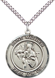 [7074RDSS/24SS] Sterling Silver Saint Matthew the Apostle Pendant on a 24 inch Sterling Silver Heavy Curb chain