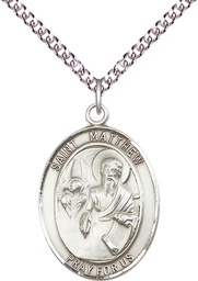 [7074SS/24SS] Sterling Silver Saint Matthew the Apostle Pendant on a 24 inch Sterling Silver Heavy Curb chain