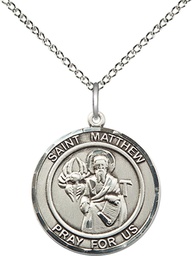 [8074RDSS/18SS] Sterling Silver Saint Matthew the Apostle Pendant on a 18 inch Sterling Silver Light Curb chain