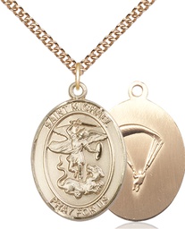 [7076GF7/24GF] 14kt Gold Filled Saint Michael Paratrooper Pendant on a 24 inch Gold Filled Heavy Curb chain