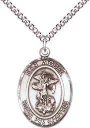 [7076SPSS/24SS] Sterling Silver San Miguel Arcangel Pendant on a 24 inch Sterling Silver Heavy Curb chain
