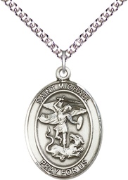 [7076SS/24SS] Sterling Silver Saint Michael the Archangel Pendant on a 24 inch Sterling Silver Heavy Curb chain