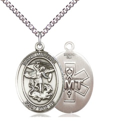 [7076SS10/24SS] Sterling Silver Saint Michael EMT Pendant on a 24 inch Sterling Silver Heavy Curb chain