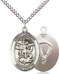 [7076SS7/24SS] Sterling Silver Saint Michael Paratrooper Pendant on a 24 inch Sterling Silver Heavy Curb chain