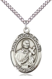 [7089SS/24SS] Sterling Silver Saint Martin de Porres Pendant on a 24 inch Sterling Silver Heavy Curb chain