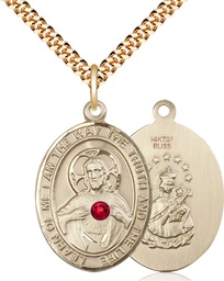 [7098GF-STN7/24G] 14kt Gold Filled Scapular - Ruby Stone Pendant with a 3mm Ruby Swarovski stone on a 24 inch Gold Plate Heavy Curb chain