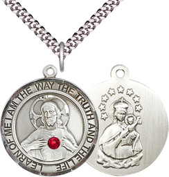 [7098RDSS-STN7/24S] Sterling Silver Scapular - Ruby Stone Pendant with a 3mm Ruby Swarovski stone on a 24 inch Light Rhodium Heavy Curb chain