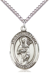 [7099SS/24SS] Sterling Silver Saint Scholastica Pendant on a 24 inch Sterling Silver Heavy Curb chain