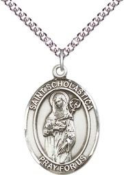 [7099SS/24SS] Sterling Silver Saint Scholastica Pendant on a 24 inch Sterling Silver Heavy Curb chain
