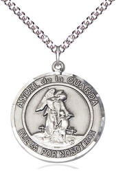 [7118RDSPSS/24SS] Sterling Silver Angel de la Guarda Pendant on a 24 inch Sterling Silver Heavy Curb chain