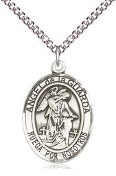 [7118SPSS/24SS] Sterling Silver Angel de la Guarda Pendant on a 24 inch Sterling Silver Heavy Curb chain