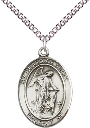 [7118SS/24SS] Sterling Silver Guardian Angel w/Child Pendant on a 24 inch Sterling Silver Heavy Curb chain